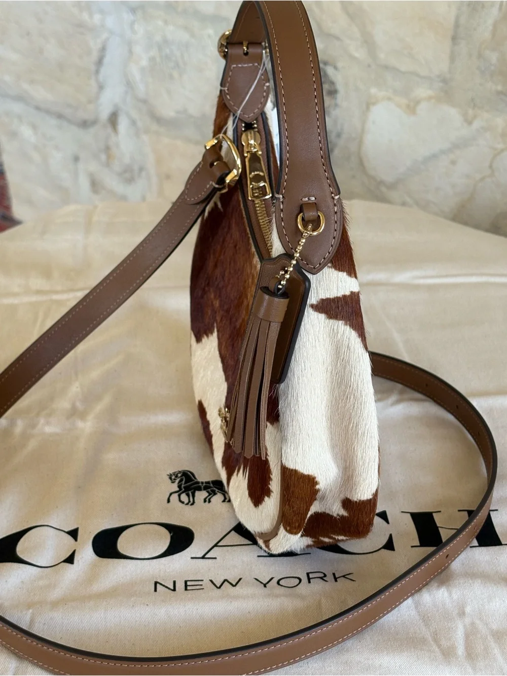 Coach Cowhide Calf Hair Shoulder Bag Brown White Leather Crossbody Purse Western